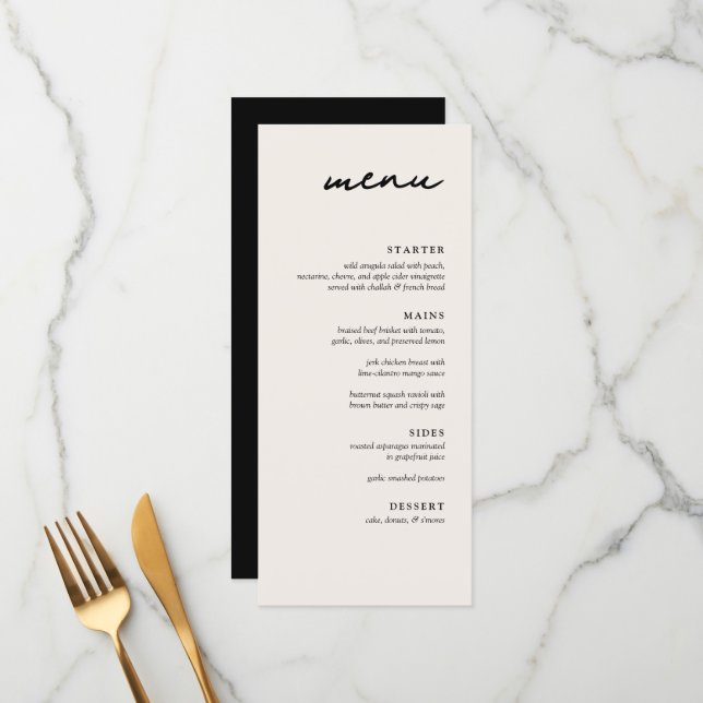 Elegant Cream & Black Modern Wedding Dinner Menu (Front/Back In Situ)