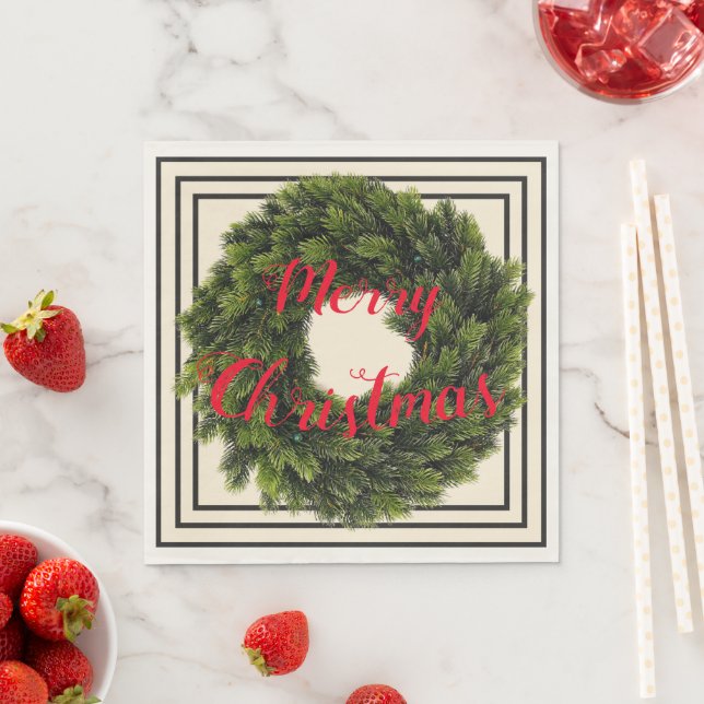 Elegant Cream, Black & Red Wreath Christmas    Napkin (Insitu)