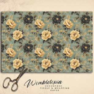 Elegant Cream & Black Rose on Sage Green Decoupage Tissue Paper