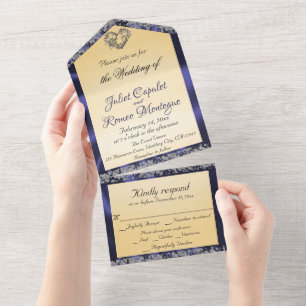 Elegant Cream, Blue Ribbon & Sparkle  All In One Invitation