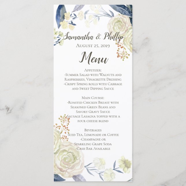 Elegant Cream Blue Watercolor Flower Menu (Front)