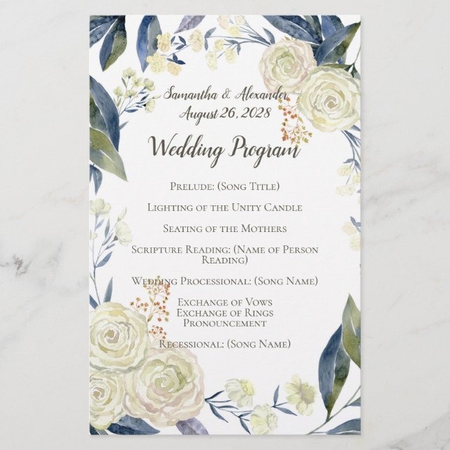 Elegant Cream Blue Watercolor Wedding Program (Front)
