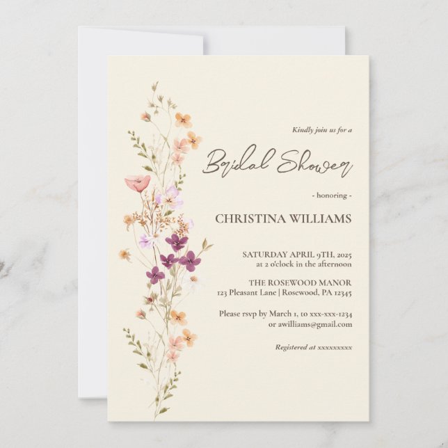 Elegant Cream Boho Wildflowers Bridal Shower Invitation (Front)