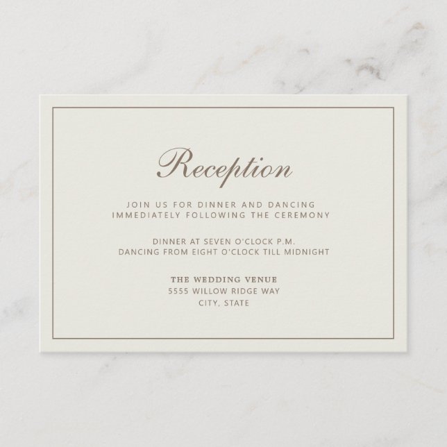 Elegant Cream Brown Wedding Reception Enclosure Card (Front)