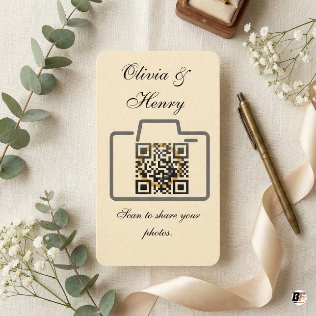 Elegant Cream Camera QR Code Wedding Photo Sharing Place Card (Creator Uploaded)