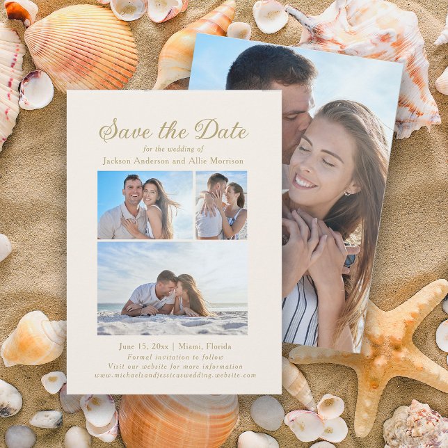 Elegant Cream Coloured 4 Photo 2 Sided Wedding  Save The Date (4-photo, 2-sided wedding Save the Date card)
