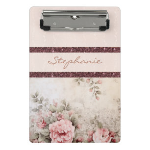 Elegant cream floral and rose gold stripe mini clipboard