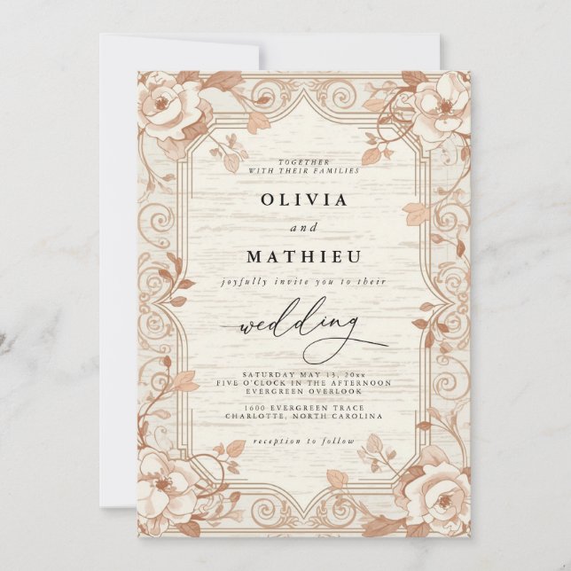 Elegant Cream Floral Botanical Wedding Invitation (Front)
