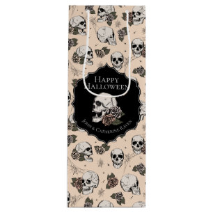Elegant Cream Floral Skulls Halloween Wine Gift Bag