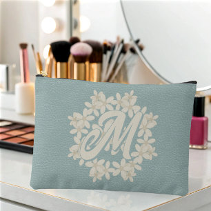 Elegant Cream Floral Wreath Teal Faux Leather Look Accessory Pouch