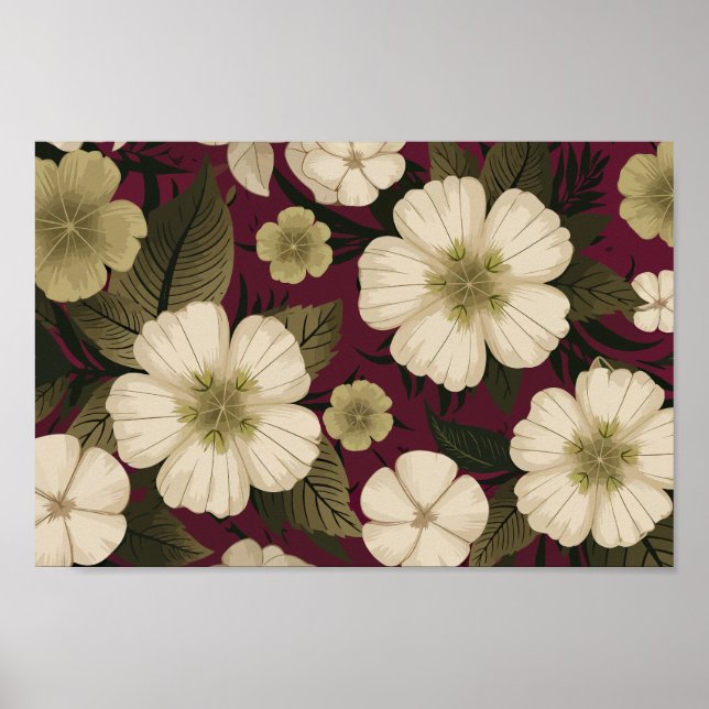 Elegant Cream Flowers on Burgundy background Poster (Front)