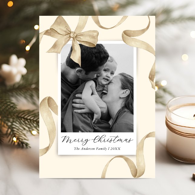 Elegant Cream Gold Bow Photo Christmas Holiday Card (Creator Uploaded)
