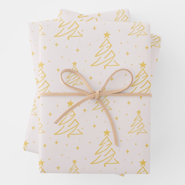 Elegant Cream Gold Christmas Tree Pattern Wrapping Paper Sheet (In situ)