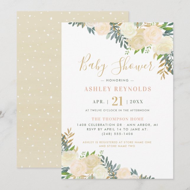 Elegant Cream Gold Floral Greenery Baby Shower Invitation (Front/Back)