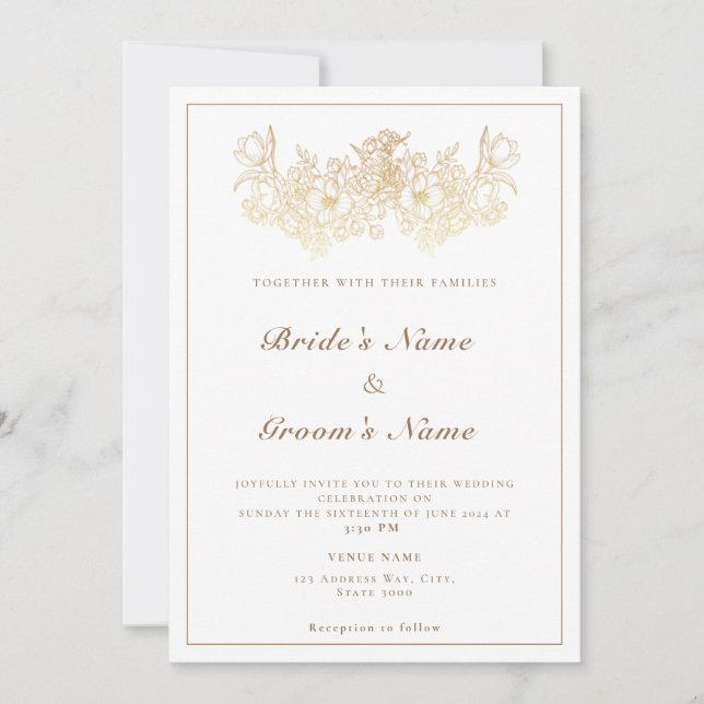 Elegant cream & gold floral wedding invitation (Front)