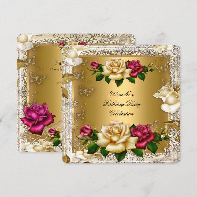 Elegant Cream Gold Pink Red Roses Birthday Party Invitation (Front/Back)