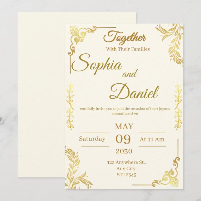 Elegant Cream & Gold Wedding Invitation (Front/Back)