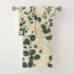 Elegant Cream Gold Whimsical Eucalyptus Greenery Bath Towel Set