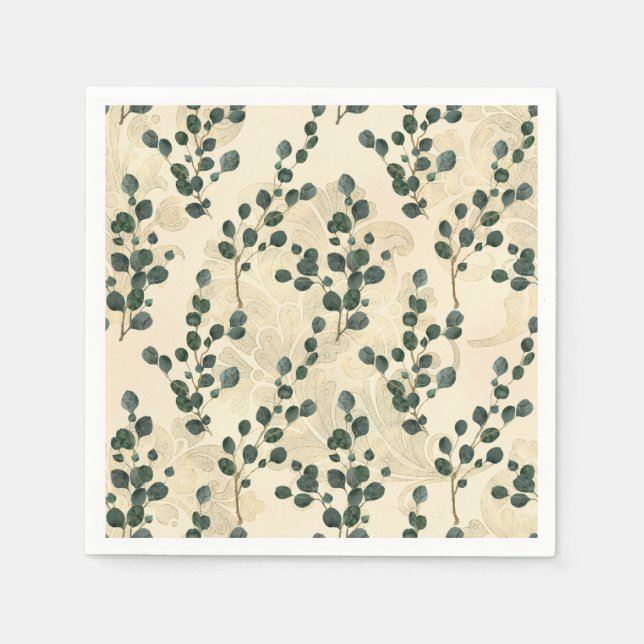 Elegant Cream Gold Whimsical Eucalyptus Greenery Napkin (Front)