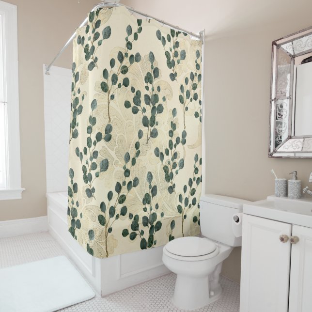 Elegant Cream Gold Whimsical Eucalyptus Greenery Shower Curtain (In Situ)