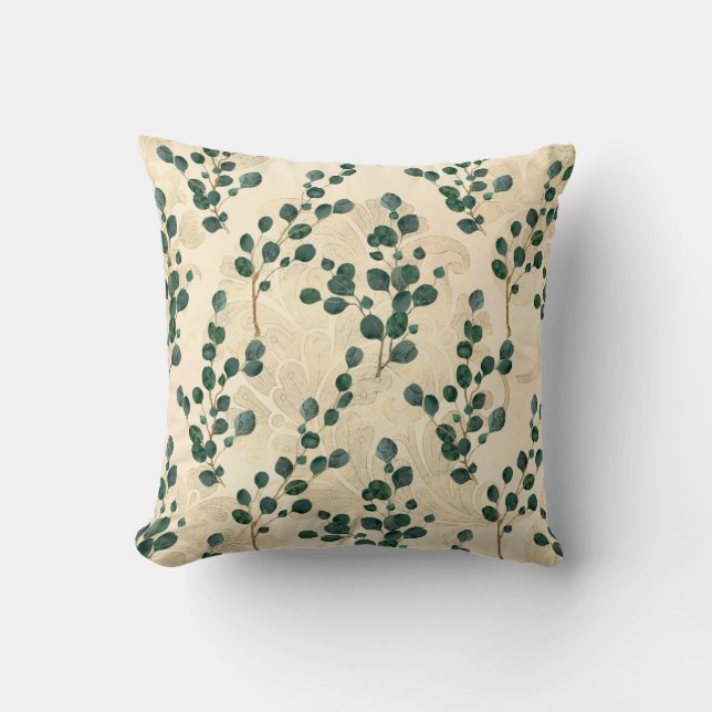Elegant Cream Green Whimsical Eucalyptus Greenery Cushion (Front)