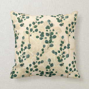 Elegant Cream Green Whimsical Eucalyptus Greenery Cushion