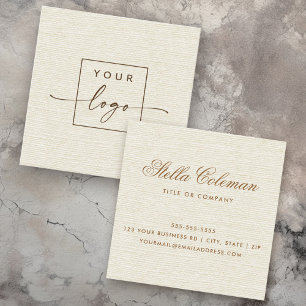 Elegant cream ivory linen look custom logo square business card