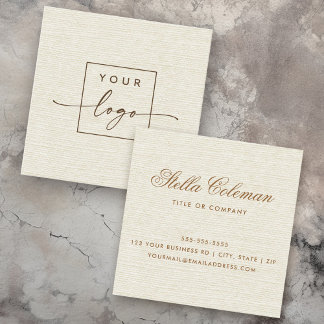 Elegant cream ivory linen look custom logo square business card