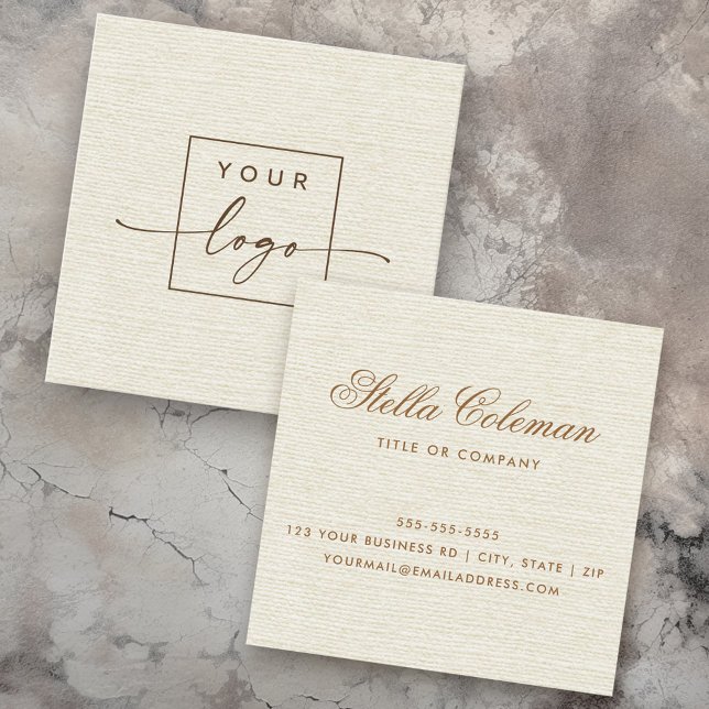 Elegant cream ivory linen look custom logo square business card (Elegant cream ivory linen look custom logo square business card)