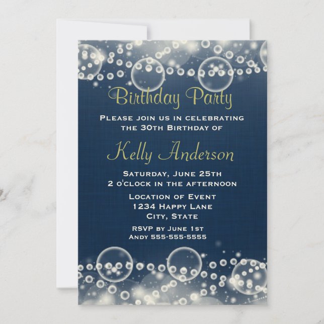 Elegant Cream Lace and Pearls on Blue Birthday Invitation (Front)