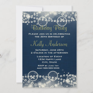 Elegant Cream Lace and Pearls on Blue Birthday Invitation