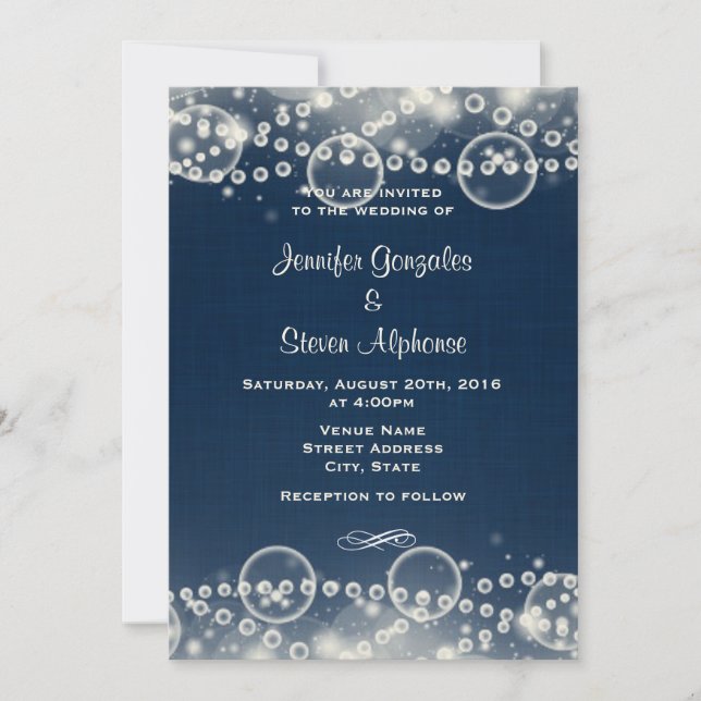 Elegant Cream Lace and Pearls on Blue Wedding Invitation (Front)
