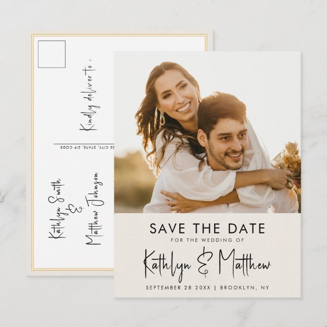 Elegant Cream Modern Photo Wedding Save the Date Announcement Postcard (Front/Back)