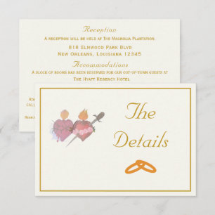 Elegant Cream & Ochre Two Hearts Catholic Wedding  Enclosure Card
