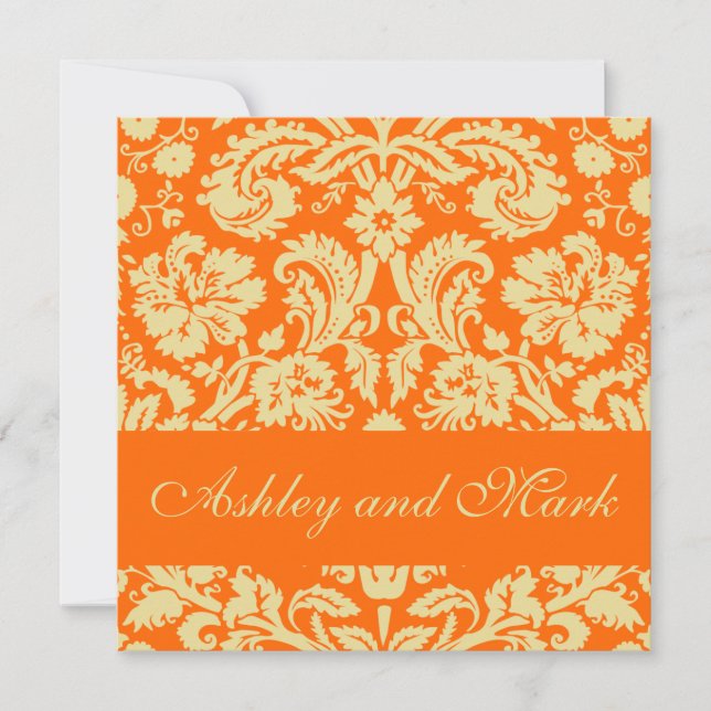 Elegant Cream Orange Damask Wedding Invitations (Front)
