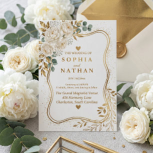 Elegant Cream Peony Gold Eucalyptus Boho Wedding I Invitation