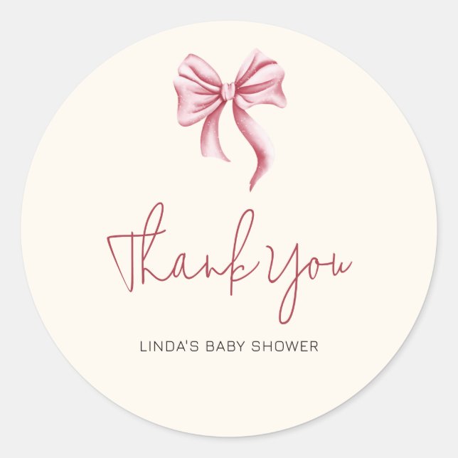 Elegant Cream Pink Girl Bow Baby Shower Thank You Classic Round Sticker (Front)