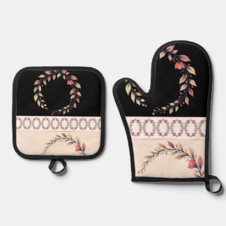 Elegant cream rose clay and black oven mitt & pot holder set
