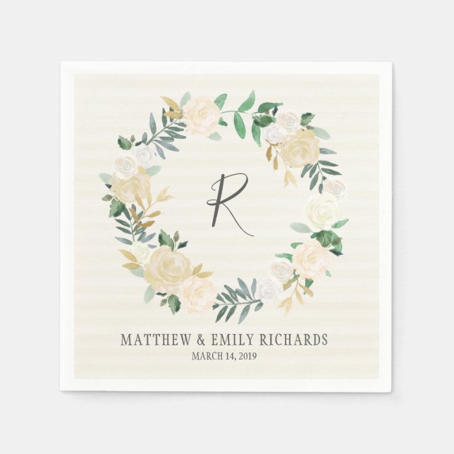 Elegant Cream Rose Floral Wreath Monogram Napkin (Front)
