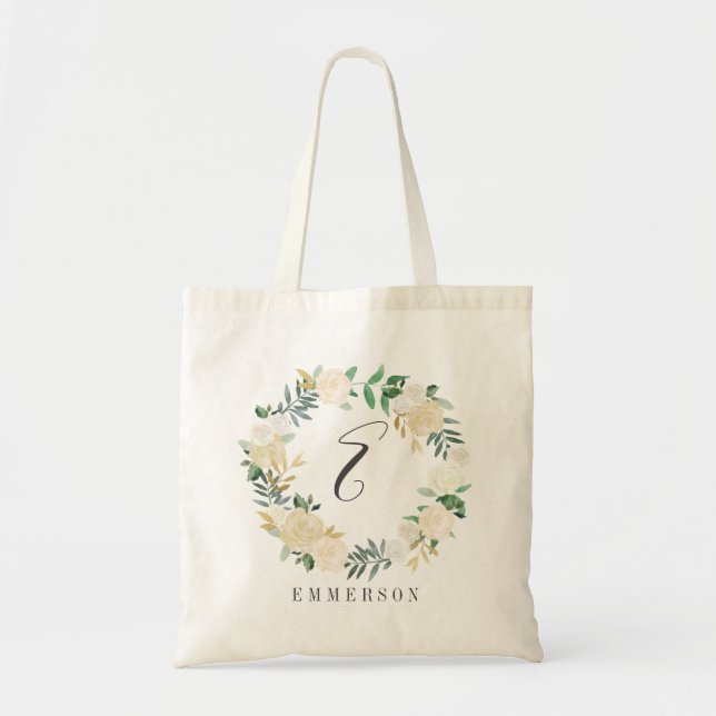 Elegant Cream Rose Floral Wreath Monogram Tote Bag (Front)