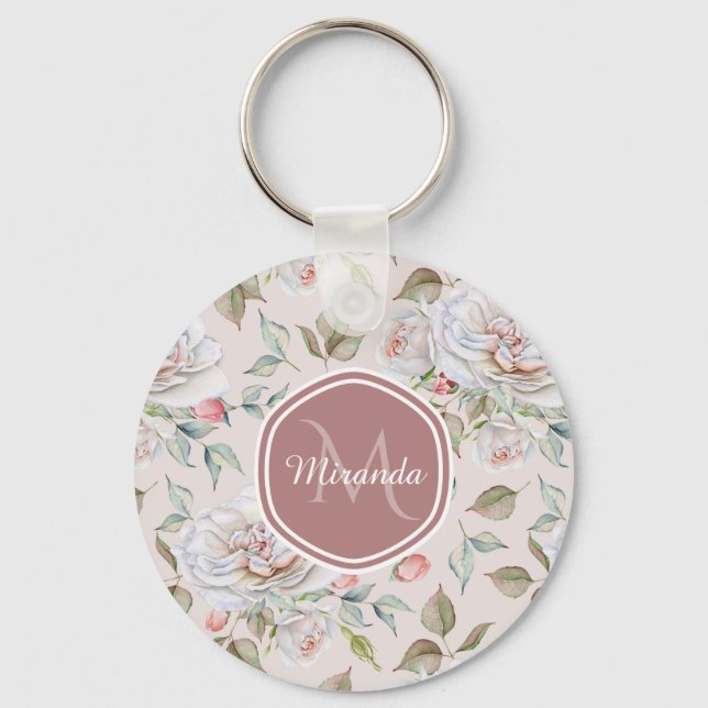 Elegant Cream Roses Floral Monogram and Name Key Ring (Front)