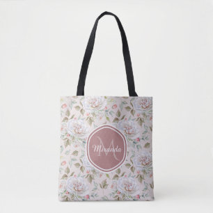 Elegant Cream Roses Floral Monogram and Name Tote Bag
