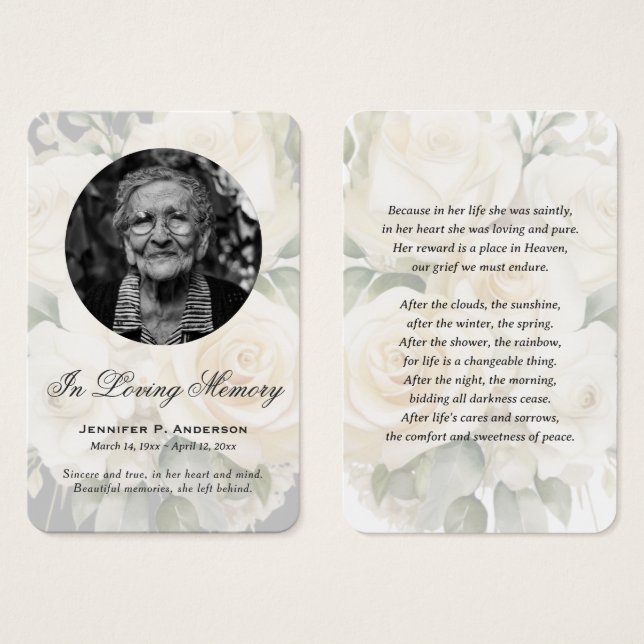 Elegant Cream Roses Photo Memorial Prayer Cards (Front & Back)