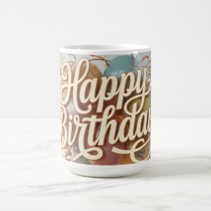 Elegant Cream Script "Happy Birthday" Graphic Coffee Mug