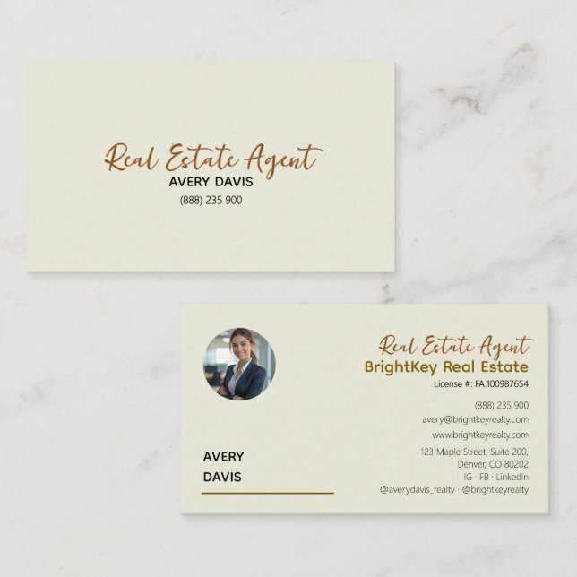 Elegant Cream & Script Real Estate Agent  Business Card (Front/Back)