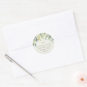 Elegant Cream Snowberry+Eucalyptus Address Classic Round Sticker