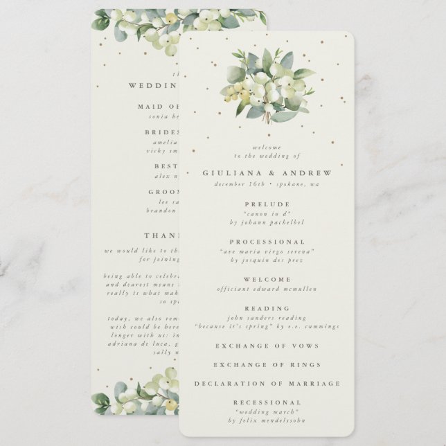 Elegant Cream Snowberry+Eucalyptus Bouquet Wedding Programme (Front/Back)