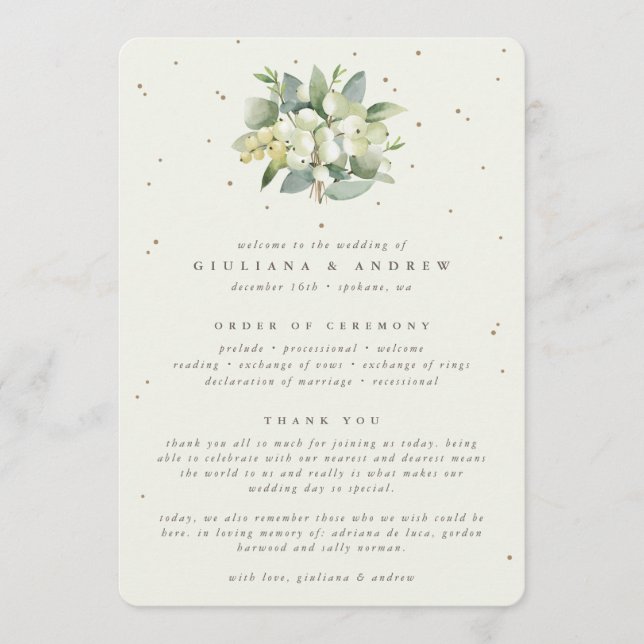 Elegant Cream Snowberry+Eucalyptus Bouquet Wedding Programme (Front)