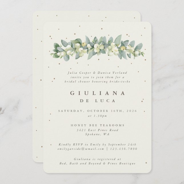 Elegant Cream Snowberry+Eucalyptus Bridal Shower Invitation (Front/Back)