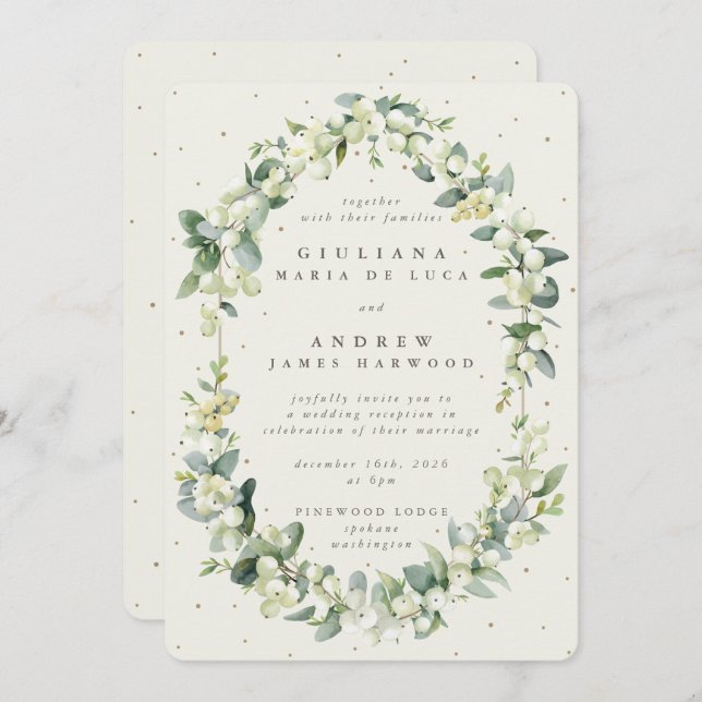 Elegant Cream Snowberry+Eucalyptus Reception Only Invitation (Front/Back)